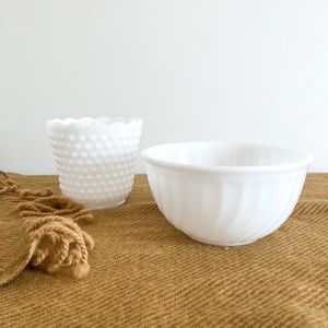 Fire King Milk Glass Hobnail Scalloped Vase / Planter and Swirl Mixing Bowl
